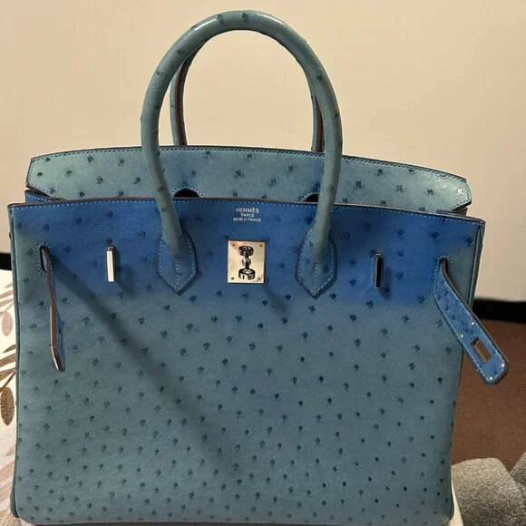 Hermes Blue Ostrich Leather Birkin 35 Bag (Sun Bleaching) - Picture 13 of 16